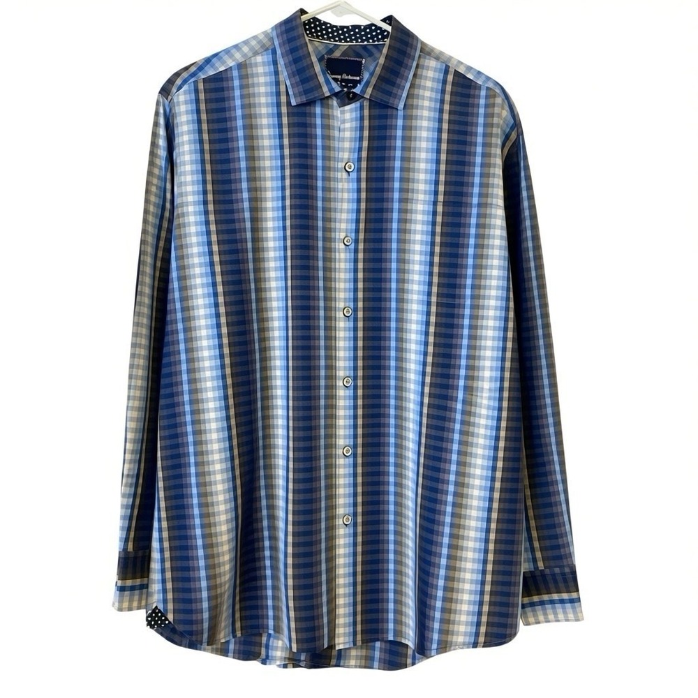 Tommy Bahama Mens Blue White Gray Check‎ Long Sleeve Button Down  Shirt Size L